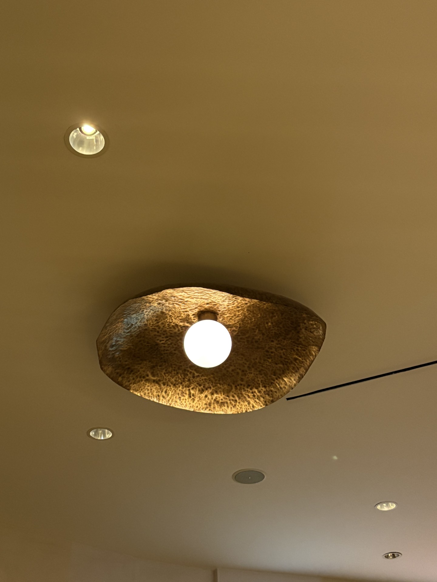 Custom hammered-copper light shade installed on a ceiling